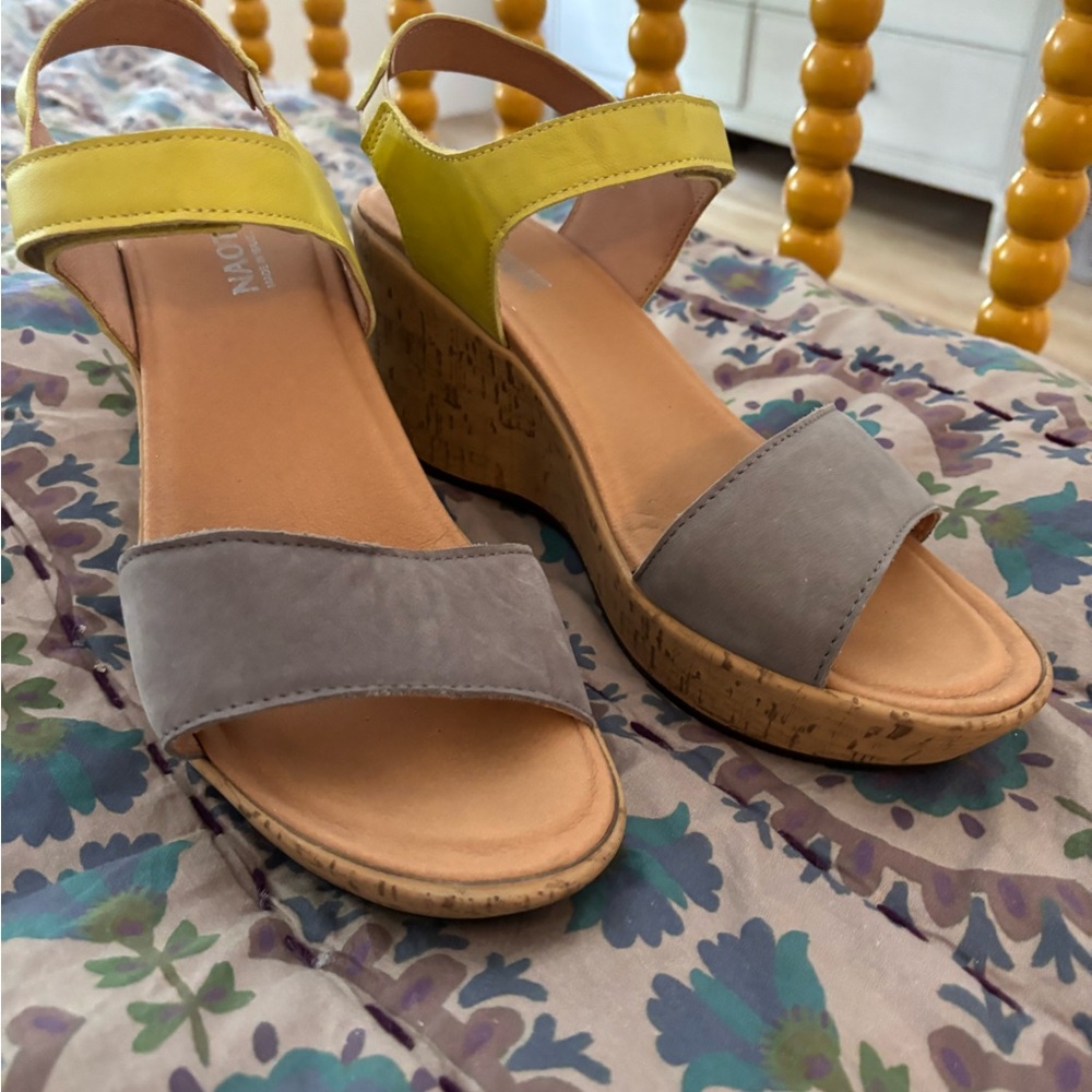 Naot Yellow and Gray Wedge Sandals